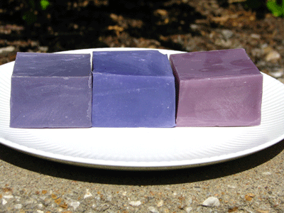 3-purple-soaps All three batches of purple soap, in the order they were made
