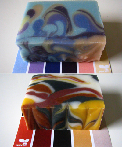 Top soap is Blue Hawaiian, colored with synthetic colors.  Bottom soap is Lemon Sunshine, colored with all natural colorants.